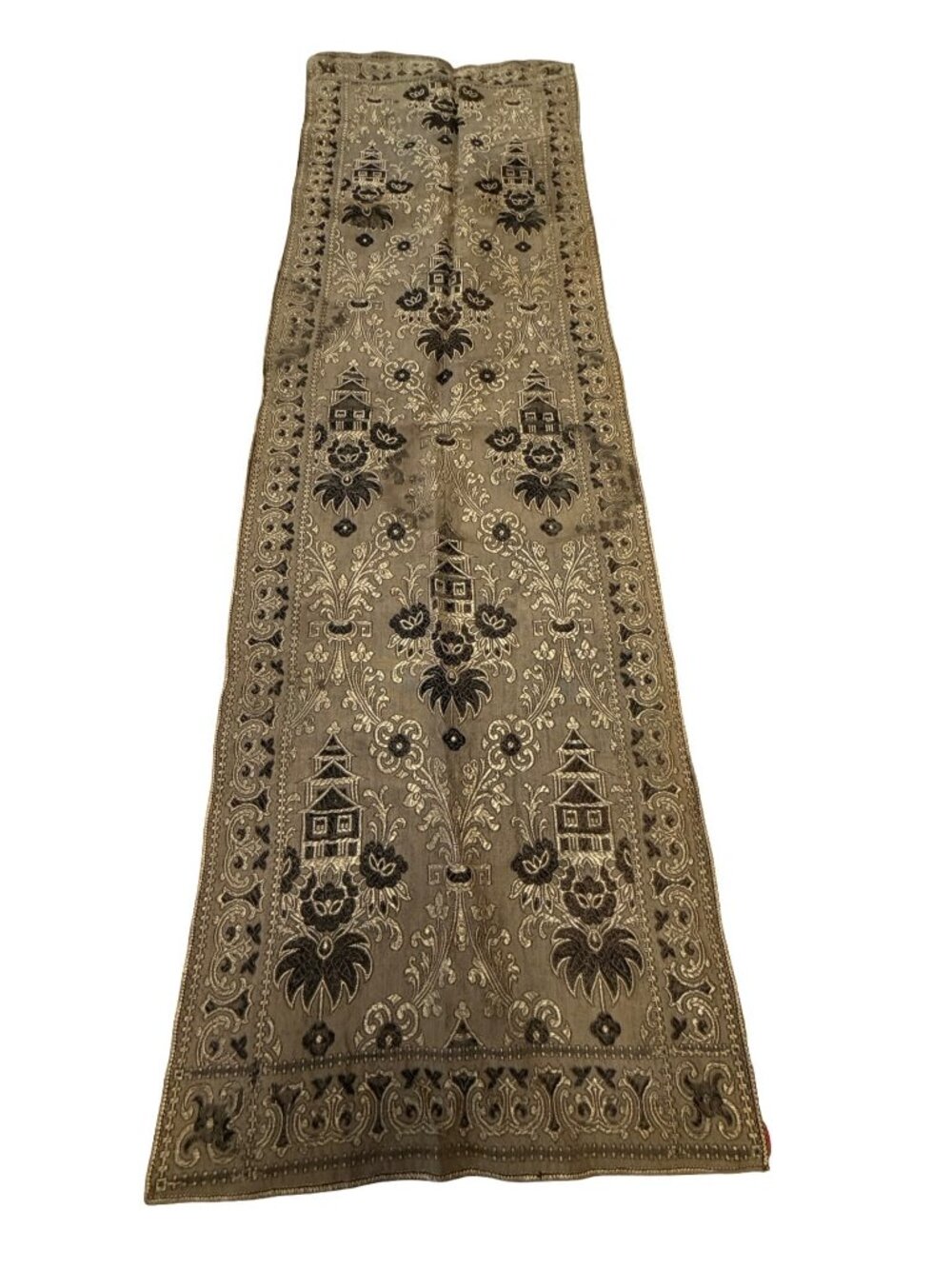 Vintage Embroidered Table Runner Pagoda Asian Motif Floral Tapestry 50x15